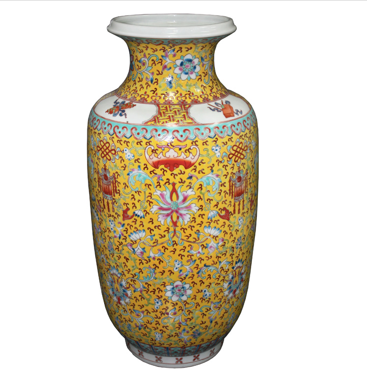 Chinese Multi-Colored Flower Porcelain Yellow Vase