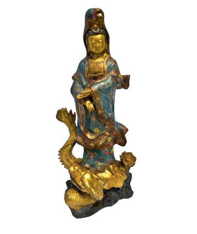 Cloisonne Bronze Gilt Guan-Yin On Dragon Statue