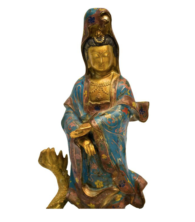 Cloisonne Bronze Gilt Guan-Yin On Dragon Statue