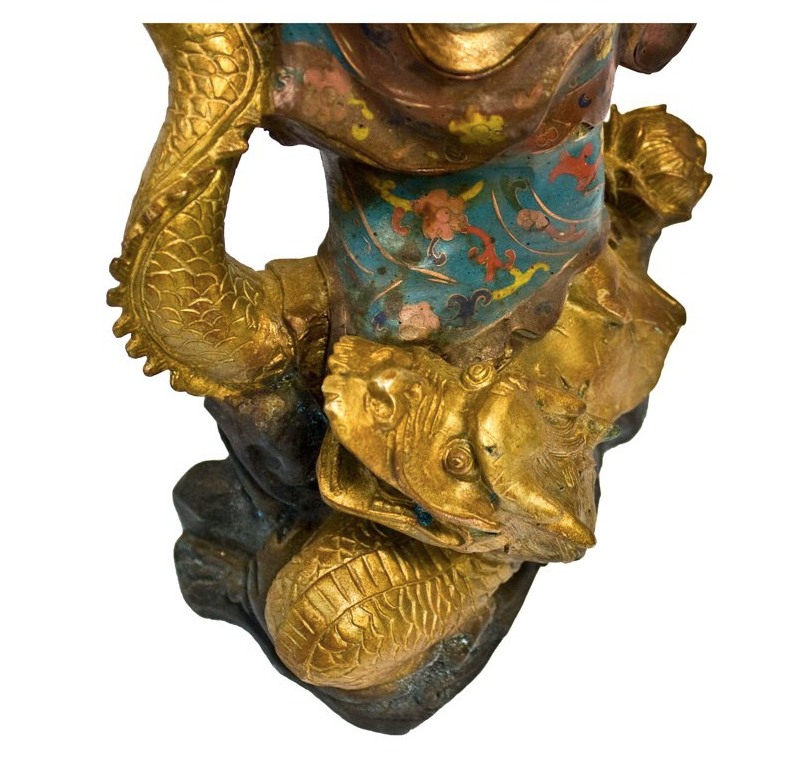 Cloisonne Bronze Gilt Guan-Yin On Dragon Statue