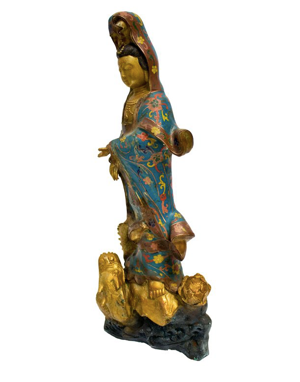 Cloisonne Bronze Gilt Guan-Yin On Dragon Statue