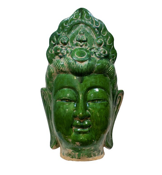 Large Green Guan-Yin Clay Pottery Head Statue