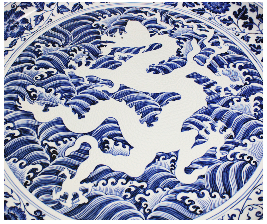 Chinese Hand Painted White & Blue Five Claws Dragon Large Porcelain Plate